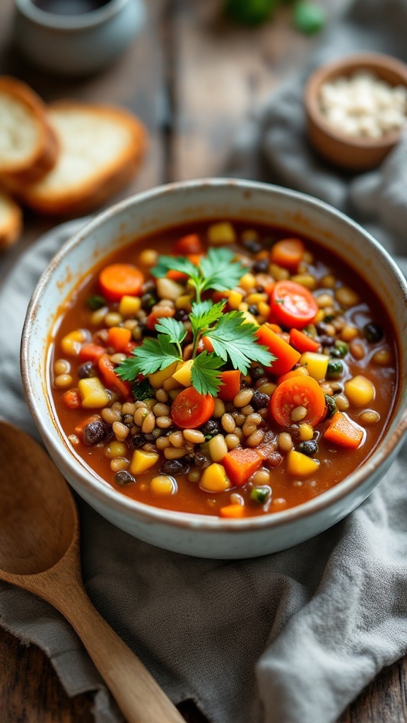 A bowl of vegan lentil soup with vibrant vegetables and garnished with parsley, alongside crusty bread on a wooden table.